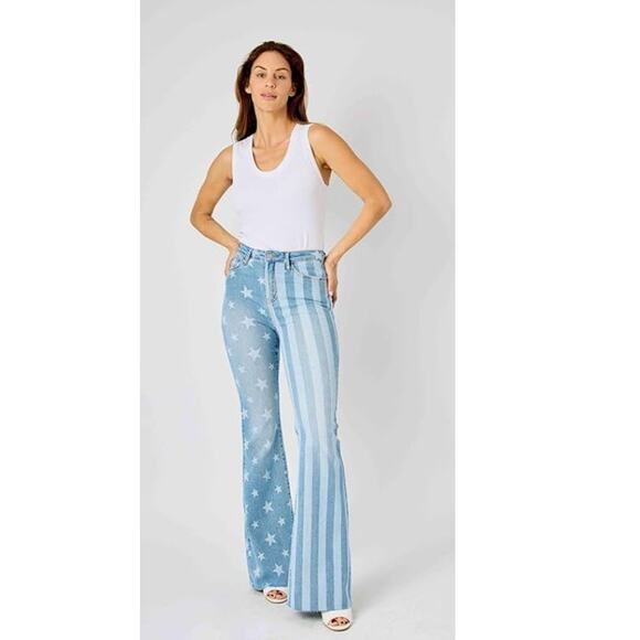Judy Blue Flare High Waist Jeans Women's 18W‎ USA Stars & Stripes Stretch Denim - Picture 1 of 5